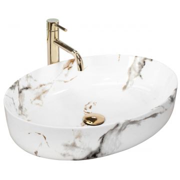 Lavoar ceramic pe blat Rea Queen Carrara, 55x41.5 cm, imitatie piatra