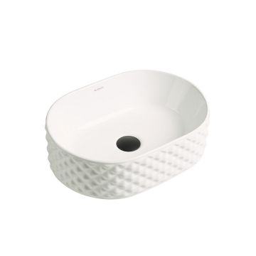 Lavoar de baie Irina, pe blat, oval, din ceramica sanitara, 45 cm, alb lucios cu model decorativ, Elysium Lavoar de baie Irina, pe blat, oval, din ceramica sanitara, 45 cm, alb lucios cu model decorativ, Elysium
