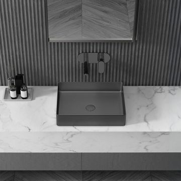 Lavoar de baie Kaia 57, pe blat, dreptunghiular, din otel inoxidabil, 57 cm, negru, Elysium Lavoar de baie Kaia 57, pe blat, dreptunghiular, din otel inoxidabil, 57 cm, negru, Elysium