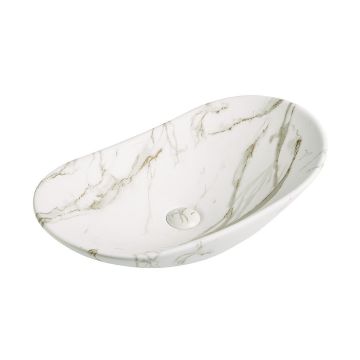 Lavoar de baie Lleida, pe blat, oval, din ceramica sanitara, 61.5 cm, imitatie marmura Calacatta oro, Elysium Lavoar de baie Lleida, pe blat, oval, din ceramica sanitara, 61.5 cm, imitatie marmura Calacatta oro, Elysium