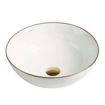 Lavoar de baie Loire, pe blat, rotund, din ceramica sanitara, 41.5 cm, alb lucios cu margini aurii, Elysium Lavoar de baie Loire, pe blat, rotund, din ceramica sanitara, 41.5 cm, alb lucios cu margini aurii, Elysium