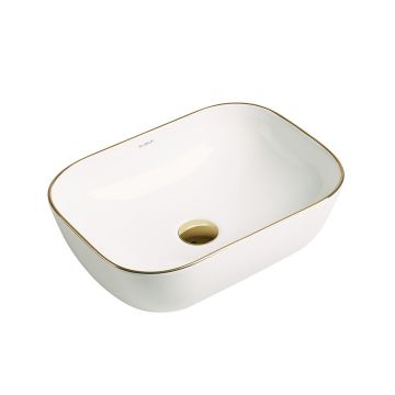 Lavoar de baie Soria, pe blat, dreptunghiular, cu margini rotunjite, din ceramica sanitara, 45.5 cm, alb lucios cu o linie aurie, Elysium Lavoar de baie Soria, pe blat, dreptunghiular, cu margini rotunjite, din ceramica sanitara, 45.5 cm, alb lucios cu o linie aurie, Elysium