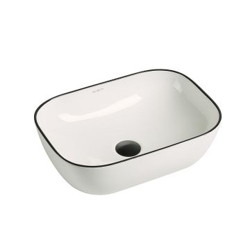 Lavoar de baie Soria, pe blat, dreptunghiular, cu margini rotunjite, din ceramica sanitara, 45.5 cm, alb lucios cu o linie neagra, Elysium Lavoar de baie Soria, pe blat, dreptunghiular, cu margini rotunjite, din ceramica sanitara, 45.5 cm, alb lucios cu o linie neagra, Elysium