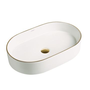 Lavoar de baie Vela, pe blat, oval, din ceramica sanitara, 60 cm, alb lucios cu linie aurie, Elysium Lavoar de baie Vela, pe blat, oval, din ceramica sanitara, 60 cm, alb lucios cu linie aurie, Elysium