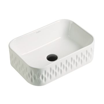 Lavoar de baie Xina, pe blat, dreptunghiular, din ceramica sanitara, 46.5 cm, alb lucios cu model decorativ, Elysium Lavoar de baie Xina, pe blat, dreptunghiular, din ceramica sanitara, 46.5 cm, alb lucios cu model decorativ, Elysium