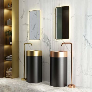 Lavoar freestanding Eima, 40 cm, rotund, otel inoxidabil, negru cu auriu, Elysium Lavoar freestanding Eima, 40 cm, rotund, otel inoxidabil, negru cu auriu, Elysium