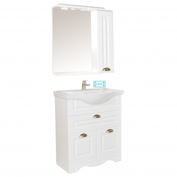 Set mobilier de baie Badenmob Seria 172, baza 65cm, lavoar, oglinda cu dulap, MDF infoliat, alb